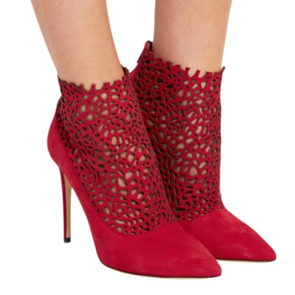 JIMMY CHOO Maurice 100mm Laser Cut Suede Ankle Boots EU 38.5 US 8.5 Red Stiletto - Picture 2 of 13